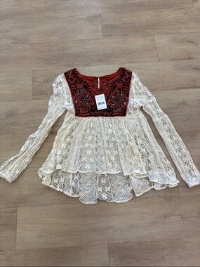 Free People Ivory Lace Tunic with Rust Embroidered Yoke